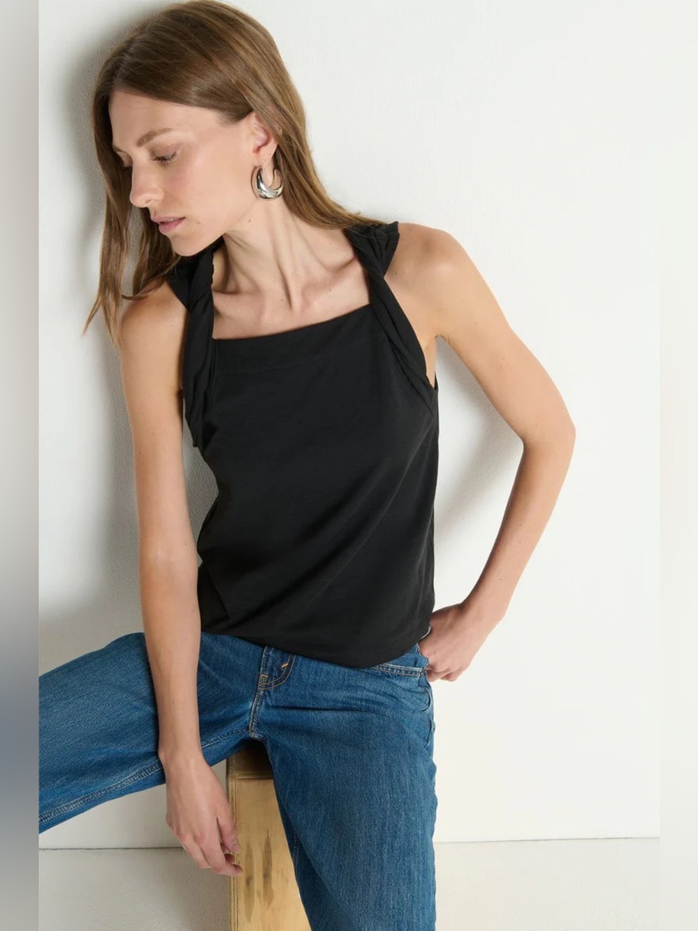Nation Los Angeles Sabrina Twist Strap Tank Jet Black NWT Medium Pima Cotton